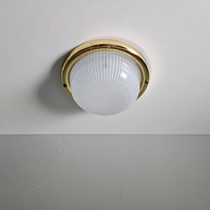 Small Vintage Glass Flush Mount Ceiling Light, Glossy white Glass Wall Lamp, Glass Ceiling Lamp, 80&#39;s Lamps, Golden Lamp, Wall Sconce