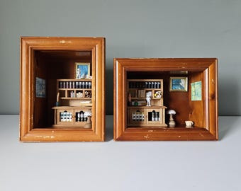 Dioramas de habitaciones en miniatura vintage: Arte enmarcado en caja de sombras para estudio de arquitectura y biblioteca