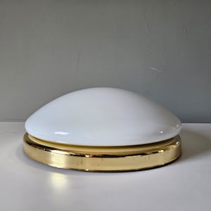 Large Vintage Glass Flush Mount Ceiling Light, Glossy white Glass Wall Lamp, Glass Ceiling Lamp, 80&#39;s Lampsp, Brass Lamp