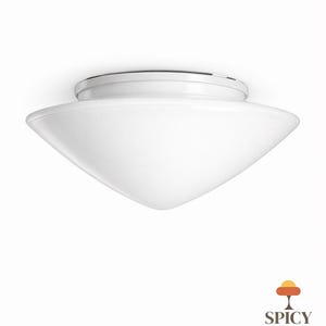 May include: A white, vintage ceiling light fixture with a conical shade. The fixture has a chrome-colored trim and a smooth, glossy finish. The light is from the Spicy Vintage Shop.