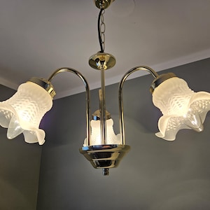 Vintage Brass Chandelier: Frosted Glass Tulip Lampshades, Hollywood Regency Style