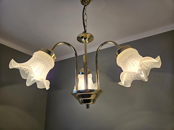 ヴィンテージシャンデリア 5灯LED付　フロストガラスと真鍮とウォルナット ヴィンテージシャンデリア 5灯LED付 フロストガラスと真鍮と