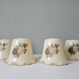 Vintage Cream Rose Floral Glass Lamp Shades Set, Cottagecore Lighting Decor