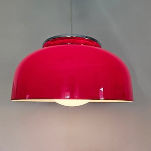 Meblo Guzzini Pendelleuchte, Massoni für Harvey Guzzini, Vintage Pilz Lampe, Space Age Lampe, Mid Century Modern, 70er Jahre Lampe, rote Lampe