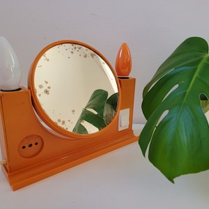 Vintage Orange Vanity Mirror, Retro Cosmetic Mirror, Illuminated Mirror, Space Age Design, 70&#39;s Yu, Desk Mirror, Tabletop Mirror, Pop art