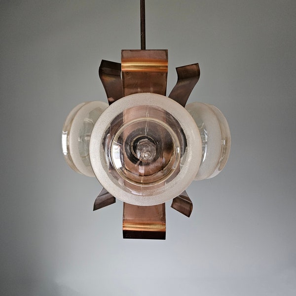 Mid Century Light Fixture, Vintage Chandelier, Amber Glass Chandelier, Copper Pendant Lamp, Bronze Ceiling Light, Space Age Light, MCM