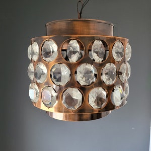 Vintage Ceiling Light, Copper & Crystal Pendant Lamp, Chandelier, Mid Century Modern Light Fixture, 70&#39;s Rustic Lamp, Retro Hanging Light