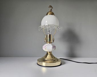 Vintage Table Lamp – Brass, Glass & Floral Ceramic in Cottagecore Style