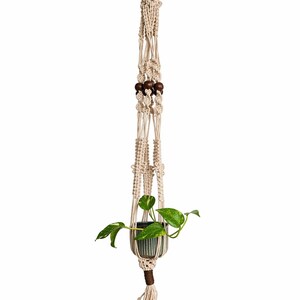 Peut inclure: Suspension pour plante en macramé de couleur crème, avec des accents marron foncé et des perles en bois. Une petite plante en pot avec des feuilles vertes et jaunes est suspendue à l'intérieur.
