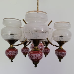 Vintage 70s Chandelier: Brass, Ceramic & Glass, Mid-Century Modern
