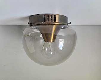 Vintage Space Age Smoked Glass Flush Mount Light - 1970s Retro Brass Ceiling Lamp