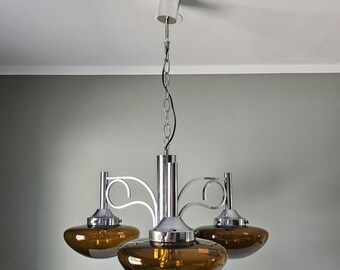 Żyrandol w stylu vintage w chromie: lampa wisząca z bursztynowego szkła, lampa MCM z lat 70.