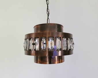 Vintage Ceiling Light / Copper & Crystal Pendant Lamp / Vintage Chandelier / Mid Century Modern / 70s / Rustic Lamp / Retro Hanging Light