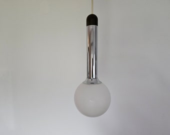 1 of 2 Vintage Chrome Pendant Light, Single Pendant Light, White Glass Globe Pendant Light, 70's Yugoslavia, Ceiling Lamp, White Globe Lamp