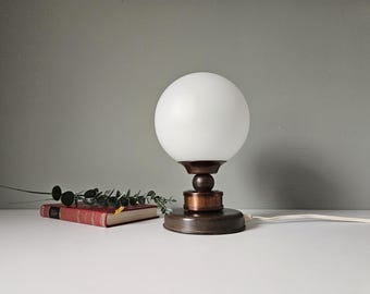 Vintage Glass Globe Table Lamp: Wood & Copper Bedside Light