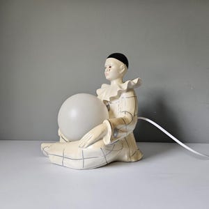 Whimsical Vintage Pierrot Clown Table Lamp | Ceramic Art Deco Lamp with White Globe | 1980s Figurine Light
