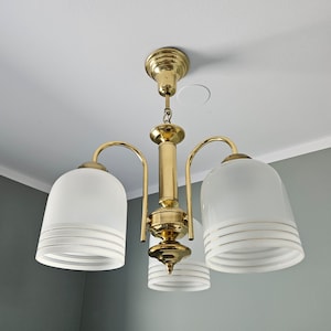 Vintage Brass Chandelier: 1980s Yugoslavia White Glass Pendant Lamp