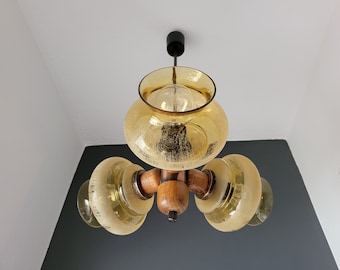 Mid Century Modern Ceiling Lamp, Amber Glass Globe Chandelier, Pendant Light, Copper and Wood, 70's Yugoslavia, Vintage Light, MCM