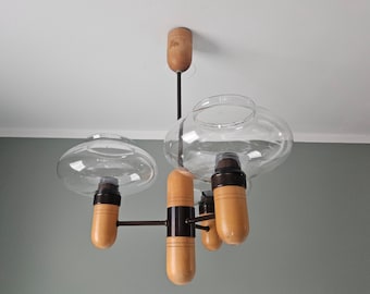 Vintage 1970s ceiling lamp with glass shades and wooden details