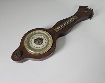 Vintage Wall Barometer Thermometer, Wood Case Brass Details