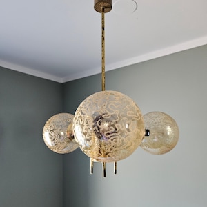 Vintage Brass Chandelier with Ornate Amber Glass Globes / Mid Century Modern Pendant Light / Ceiling Light / Yugoslavia 60&#39;s Hanging Lamp