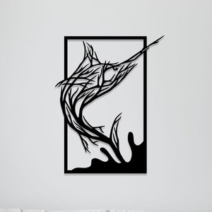 May include: Black and white silhouette of a marlin fish jumping out of the water, framed in a square. The marlin is stylized with a tree-like design.
