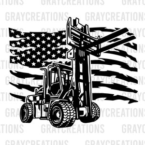 May include: Black and white silhouette of a forklift with a distressed American flag background.