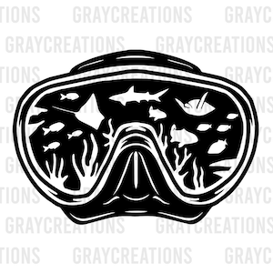 May include: Black and white illustration of a scuba diving mask with a view of coral reefs and fish inside the lenses.