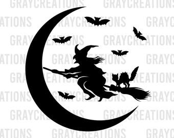 witch moon svg / witch riding broom stick with black cat clip art / bats horror design