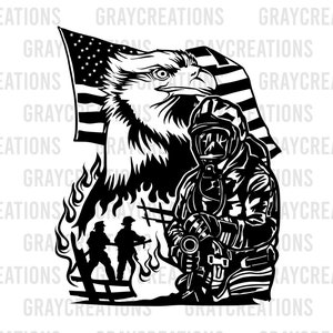 US firefigther svg / american flag eagle clip art / firefighter scene with flag flames