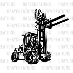 May include: Black and white silhouette of a forklift with raised forks. The forklift is facing the right side of the image.