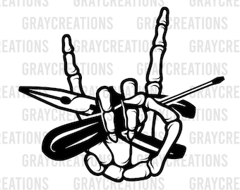 skeleton hand rock n roll holding pliers and screw driver svg/ electrician tools clip art / rocker lineman svg