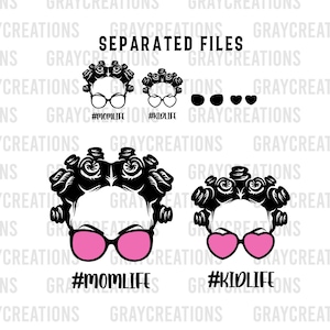 momlife kidlife bundle svg / bantu knots afro bun printable design pink glasses clip art mother and daughter design