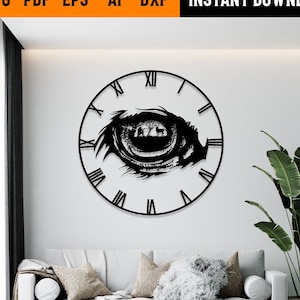 May include: Black and white clock with a large eye design. The eye is filled with a forest scene. The clock is on a white wall in a living room setting.