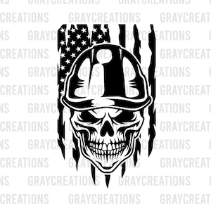 May include: Black and white illustration of a skull wearing a hard hat in front of an American flag. The skull is smiling and has a determined look on its face.