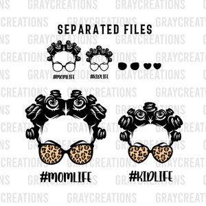 momlife kidlife bundle svg / bantu knots afro bun printable design leopard glasses clip art mother and daughter