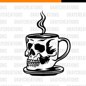 May include: Black and white illustration of a coffee mug shaped like a skull with steam rising from the top. The mug is sitting on a saucer.