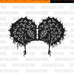 May include: Black and white silhouette of a woman's hairstyle with two large, curly buns on top of her head.