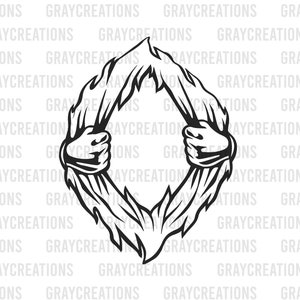 May include: Black and white illustration of two hands ripping through a piece of paper, creating a circular frame.