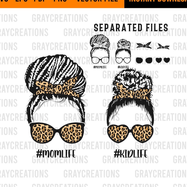 mom and daughter braided hair with glasses leopard skin svg, MomLife and  KidLife Svg, Messy bun svg, files separated for cricut