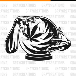 Op de afbeelding: Zwart-witte illustratie van een glazen bol met een marihuanablad erin. Twee handen houden de glazen bol vast.