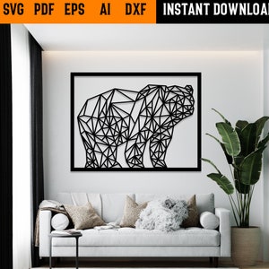 Grafika ścienna z geometrycznym niedźwiedziem pliki svg, dxf, EPS, AI i PDF. Plik wycinany plazmą, grafika ścienna dxf, pliki wycinane laserowo, pliki Glowforge, panel Geometryczny Niedźwiedź svg