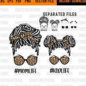 May include: Two black and white zebra-striped hair styles with leopard print headbands and sunglasses. The larger hair style has the text "#momlife" below it. The smaller hair style has the text "#kidlife" below it.