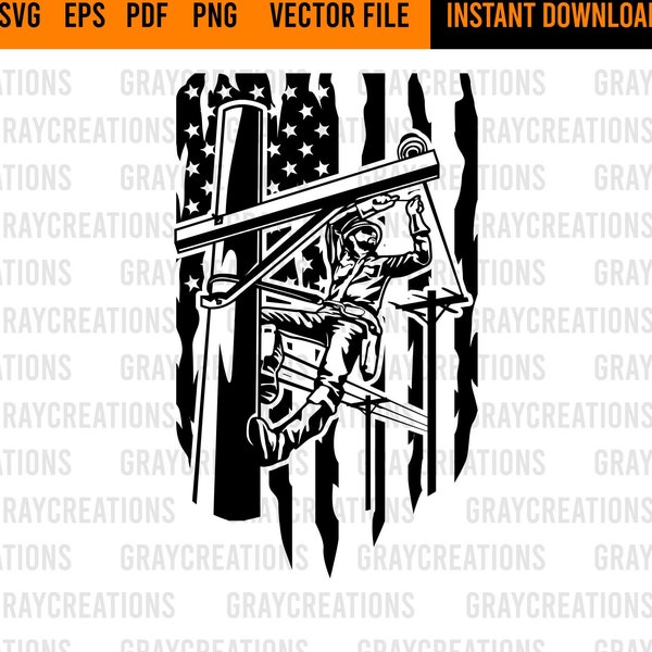 US Line man svg /US powerline technician svg / US electrician clip art / distressed american flag