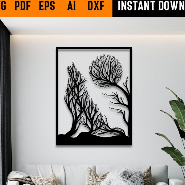 wolf full moon tree wall art svg,dxf, EPS,AI and PDF files.plasma cut file,wall art dxf,laser cut files,Glowforge files, wolf tree panel svg