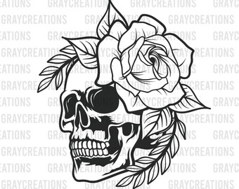 Skull Flower SVG Flower Skull head SVG , Skeleton head with flower SVG , Skull Rose clip art