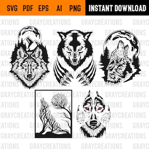 Puede incluir: Un conjunto de seis ilustraciones de lobos en blanco y negro. Las ilustraciones presentan un lobo aullando a la luna, un lobo con las garras afuera, una cabeza de lobo y una cabeza de lobo con ojos rojos. Las ilustraciones son perfectas para usar en proyectos digitales o físicos.