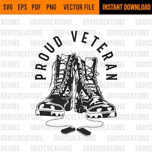 May include: Black and white illustration of a pair of military boots with dog tags and a chain. The text "Proud Veteran" is written in a circle around the boots.