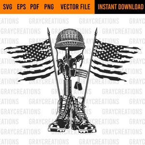 May include: Black and white illustration of a fallen soldier memorial. The memorial features a rifle with a helmet on top, dog tags, and a pair of boots. Two American flags are on either side of the memorial, with the flags waving in the wind.