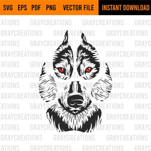 May include: Black and white graphic of a wolf paw print with red eyes. The design includes the text "SVG EPS PDF PNG VECTOR FILE INSTANT DOWNLOAD" in an orange bar at the top. The background has a watermark of "GRAYCREATIONS".